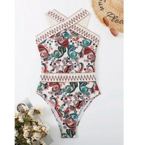 Boho Paisley Chevron Stripe Tape High Neck One Piece Swimsuit - Picture 2 of 8